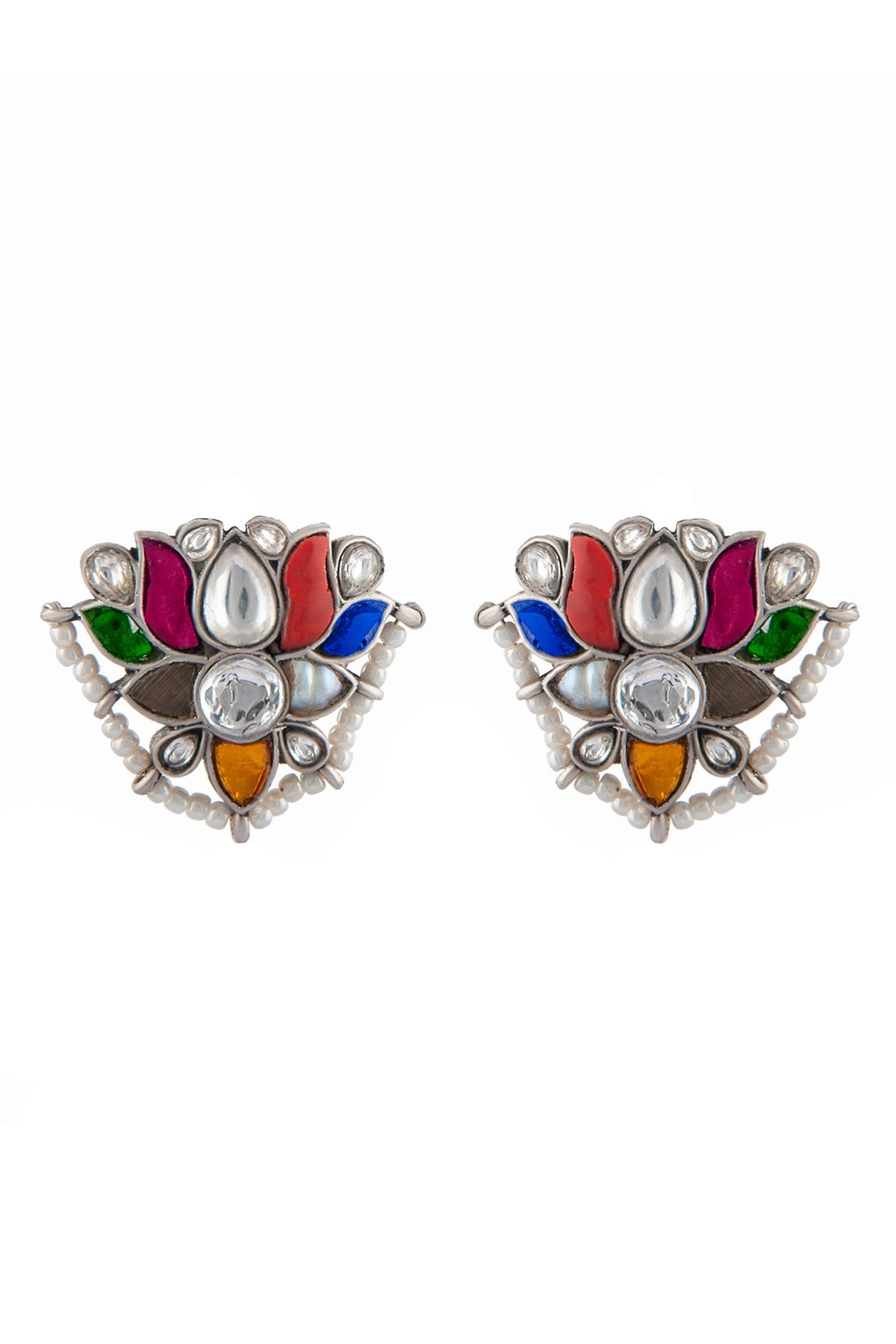 Silver Finish Multi-Colored Kundan Polki & Pearls Stud Earrings In Sterling Silver