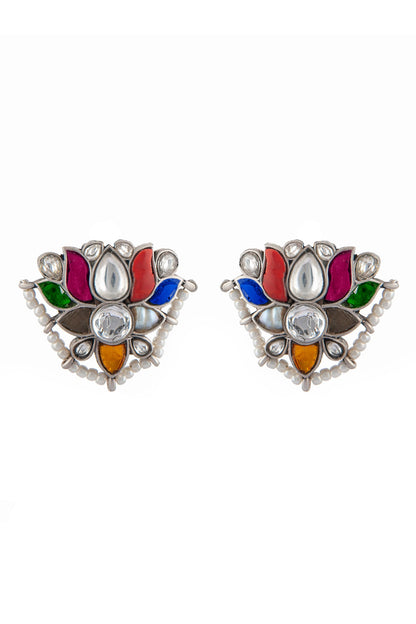 Silver Finish Multi-Colored Kundan Polki & Pearls Stud Earrings In Sterling Silver