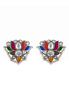 Silver Finish Multi-Colored Kundan Polki & Pearls Stud Earrings In Sterling Silver