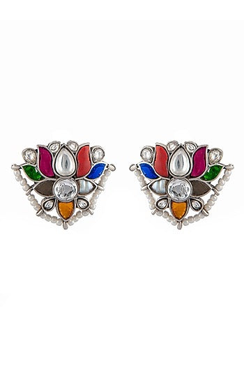 Silver Finish Multi-Colored Kundan Polki & Pearls Stud Earrings In Sterling Silver