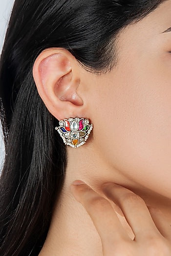 Silver Finish Multi-Colored Kundan Polki & Pearls Stud Earrings In Sterling Silver