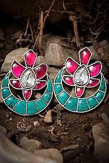 Silver Finish Pink & Turquoise Kundan Stud Earrings In Sterling Silver