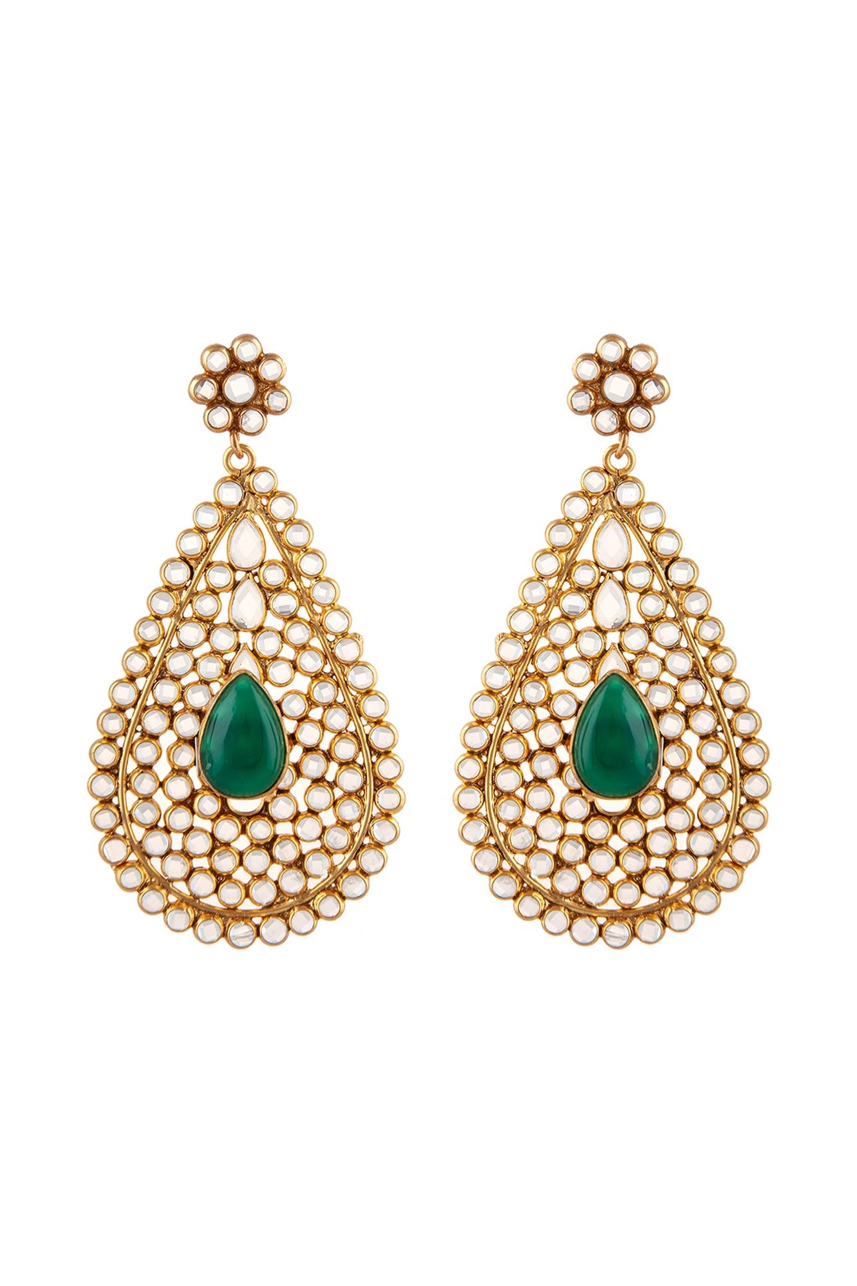 Gold Plated Crystal & Green Onyx Dangler Earrings In Sterling Silver