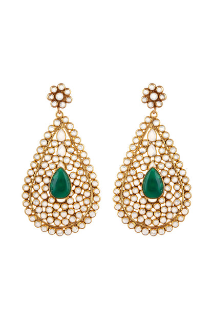 Gold Plated Crystal & Green Onyx Dangler Earrings In Sterling Silver
