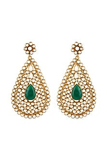 Gold Plated Crystal & Green Onyx Dangler Earrings In Sterling Silver