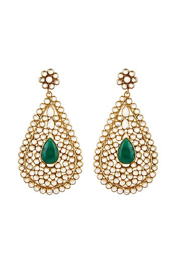 Gold Plated Crystal & Green Onyx Dangler Earrings In Sterling Silver