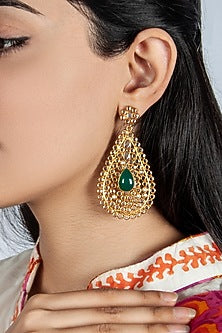 Gold Plated Crystal & Green Onyx Dangler Earrings In Sterling Silver