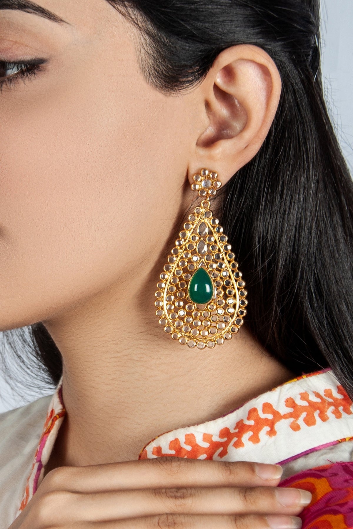 Gold Plated Crystal & Green Onyx Dangler Earrings In Sterling Silver