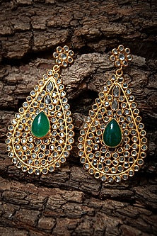 Gold Plated Crystal & Green Onyx Dangler Earrings In Sterling Silver