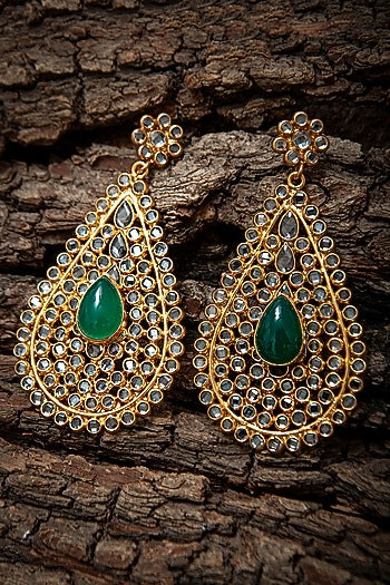 Gold Plated Crystal & Green Onyx Dangler Earrings In Sterling Silver