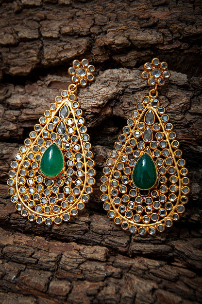 Gold Plated Crystal & Green Onyx Dangler Earrings In Sterling Silver