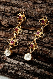 Gold Plated Moissanite Polki & Ruby Dangler Earrings In Sterling Silver