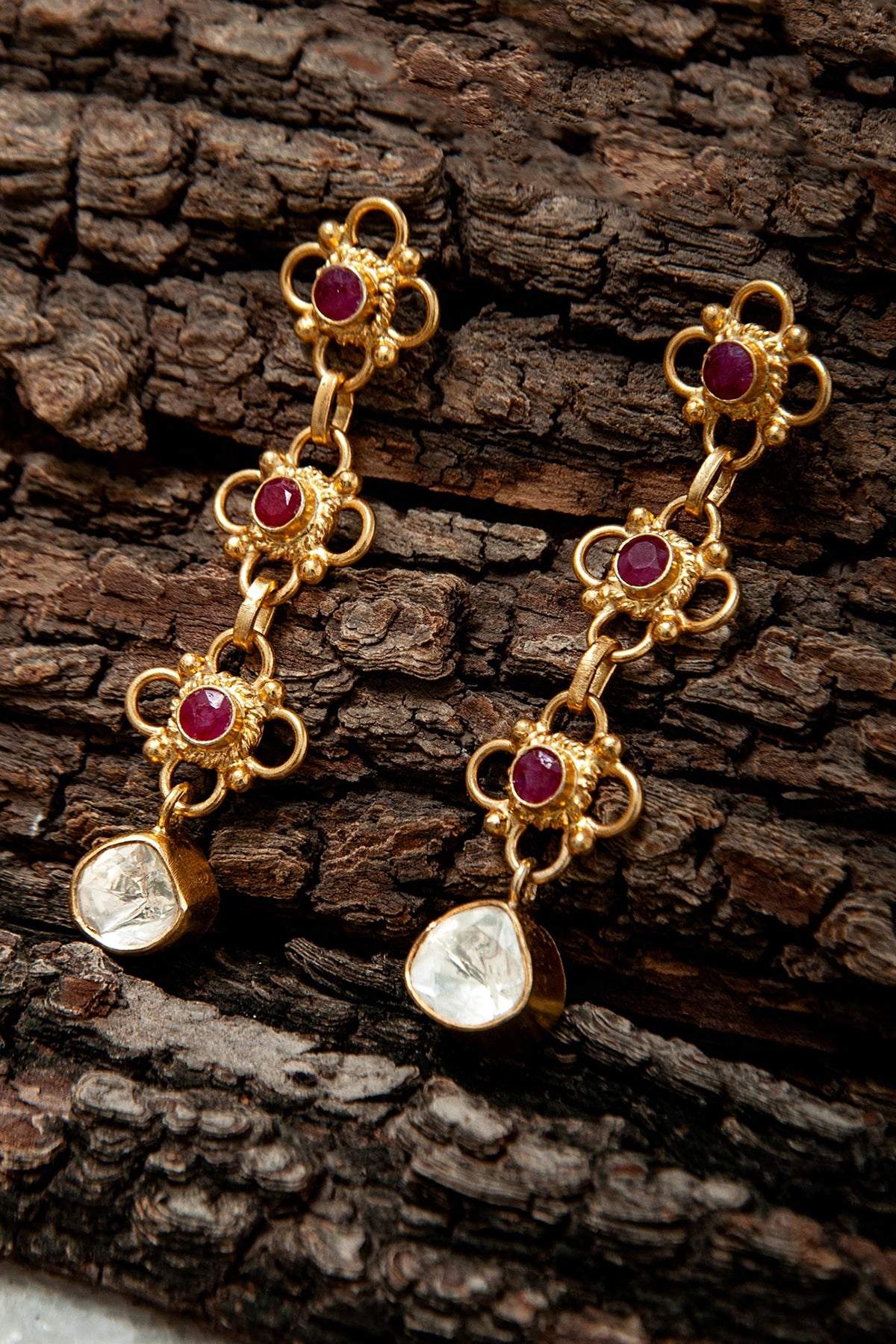 Gold Plated Moissanite Polki & Ruby Dangler Earrings In Sterling Silver