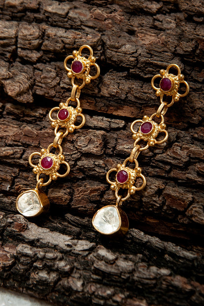 Gold Plated Moissanite Polki & Ruby Dangler Earrings In Sterling Silver