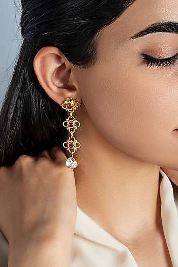 Gold Plated Moissanite Polki & Ruby Dangler Earrings In Sterling Silver