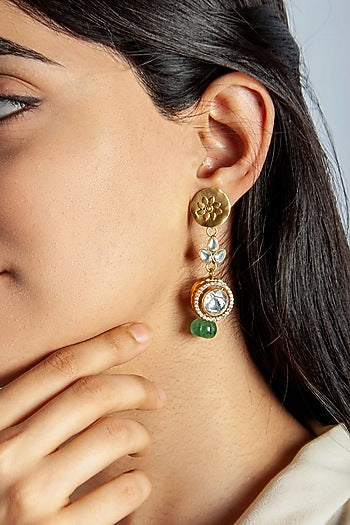 Gold Plated Kundan Polki & CZ Dangler Earrings In Sterling Silver