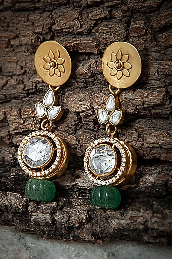 Gold Plated Kundan Polki & CZ Dangler Earrings In Sterling Silver
