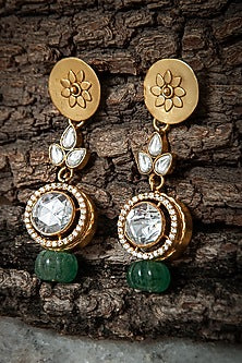 Gold Plated Kundan Polki & CZ Dangler Earrings In Sterling Silver