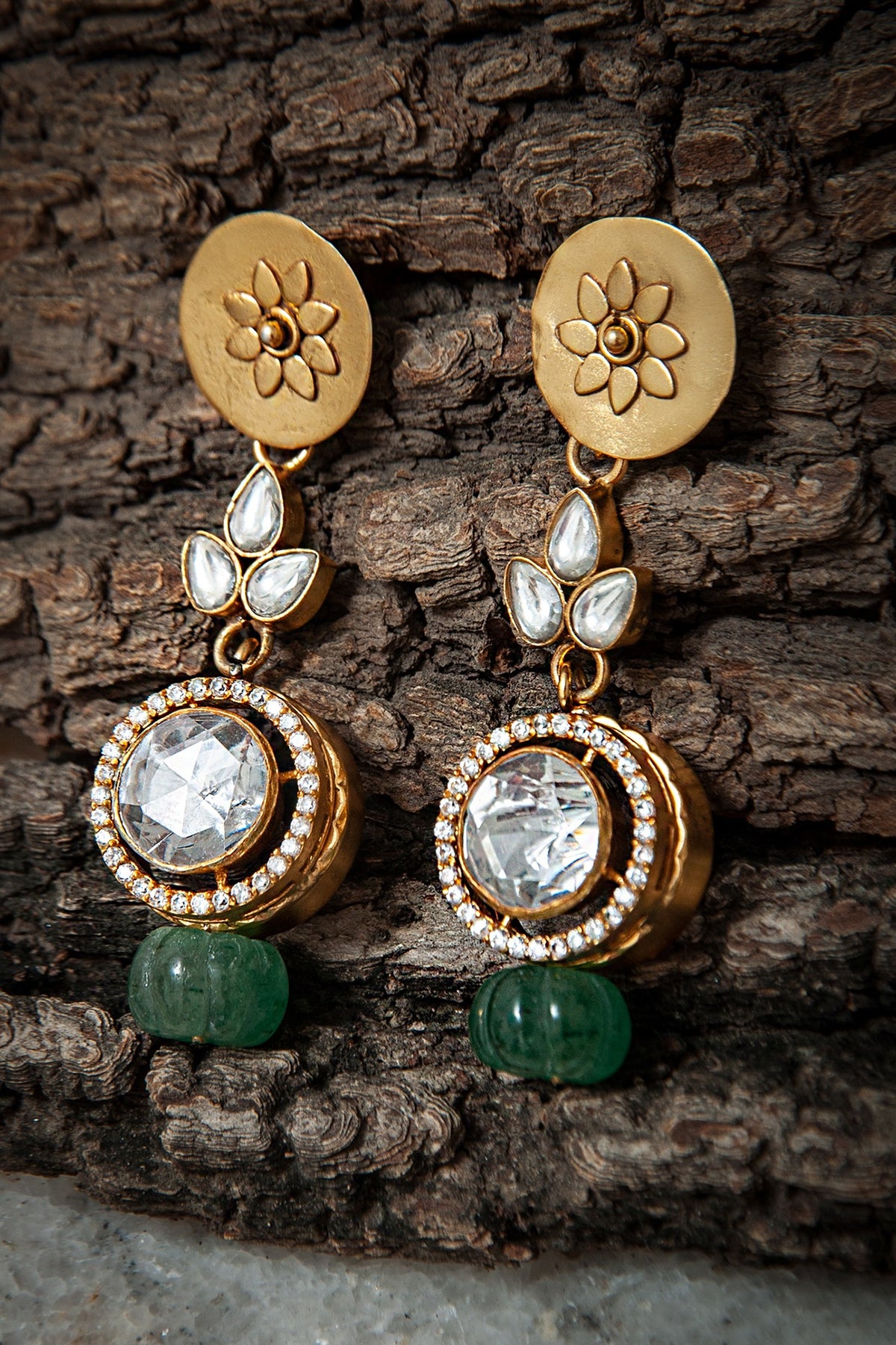 Gold Plated Kundan Polki & CZ Dangler Earrings In Sterling Silver