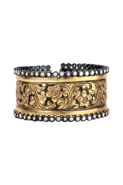 Gold Plated Pearl Embossed Kada In Sterling Silver