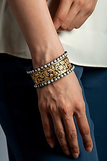 Gold Plated Pearl Embossed Kada In Sterling Silver