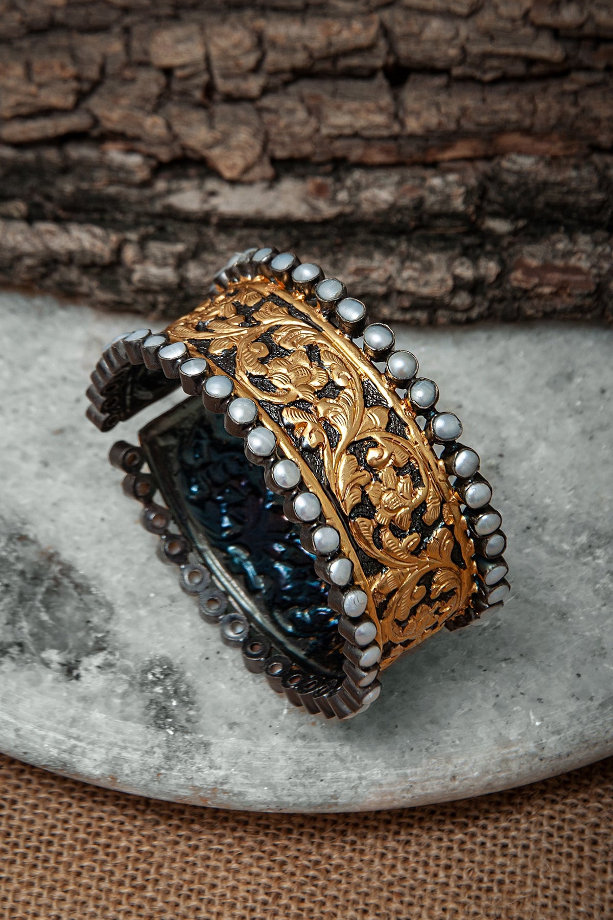 Gold Plated Pearl Embossed Kada In Sterling Silver