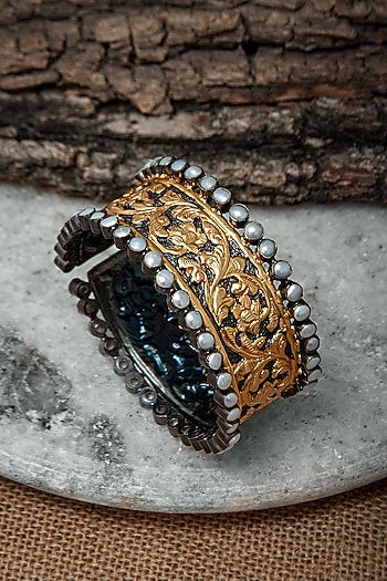 Gold Plated Pearl Embossed Kada In Sterling Silver