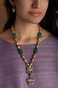 Two Tone Plated Green Onyx Necklace In Sterling Silver