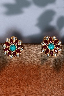 Gold Plated Turquoise & Ruby Stud Earrings In Sterling Silver