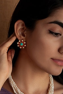 Gold Plated Turquoise & Ruby Stud Earrings In Sterling Silver