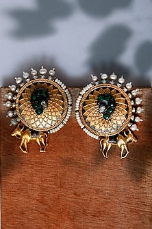 Two Tone Plated Green Onyx & Pearl Stud Earrings In Sterling Silver