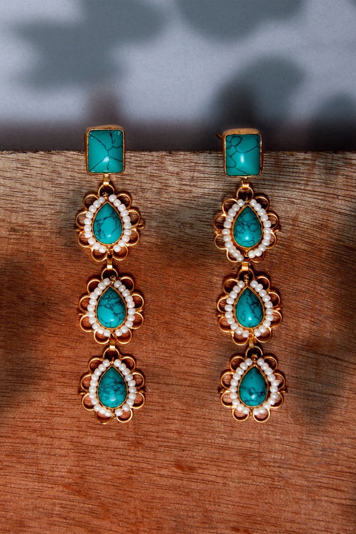 Gold Plated Turquoise & Pearl Dangler Earrings In Sterling Silver