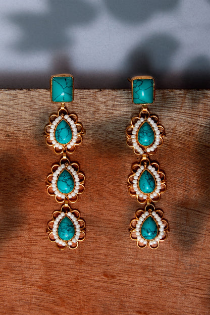 Gold Plated Turquoise & Pearl Dangler Earrings In Sterling Silver