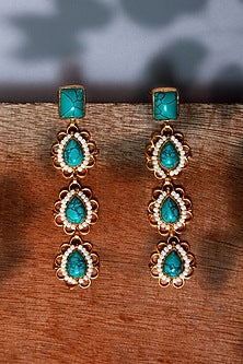 Gold Plated Turquoise & Pearl Dangler Earrings In Sterling Silver