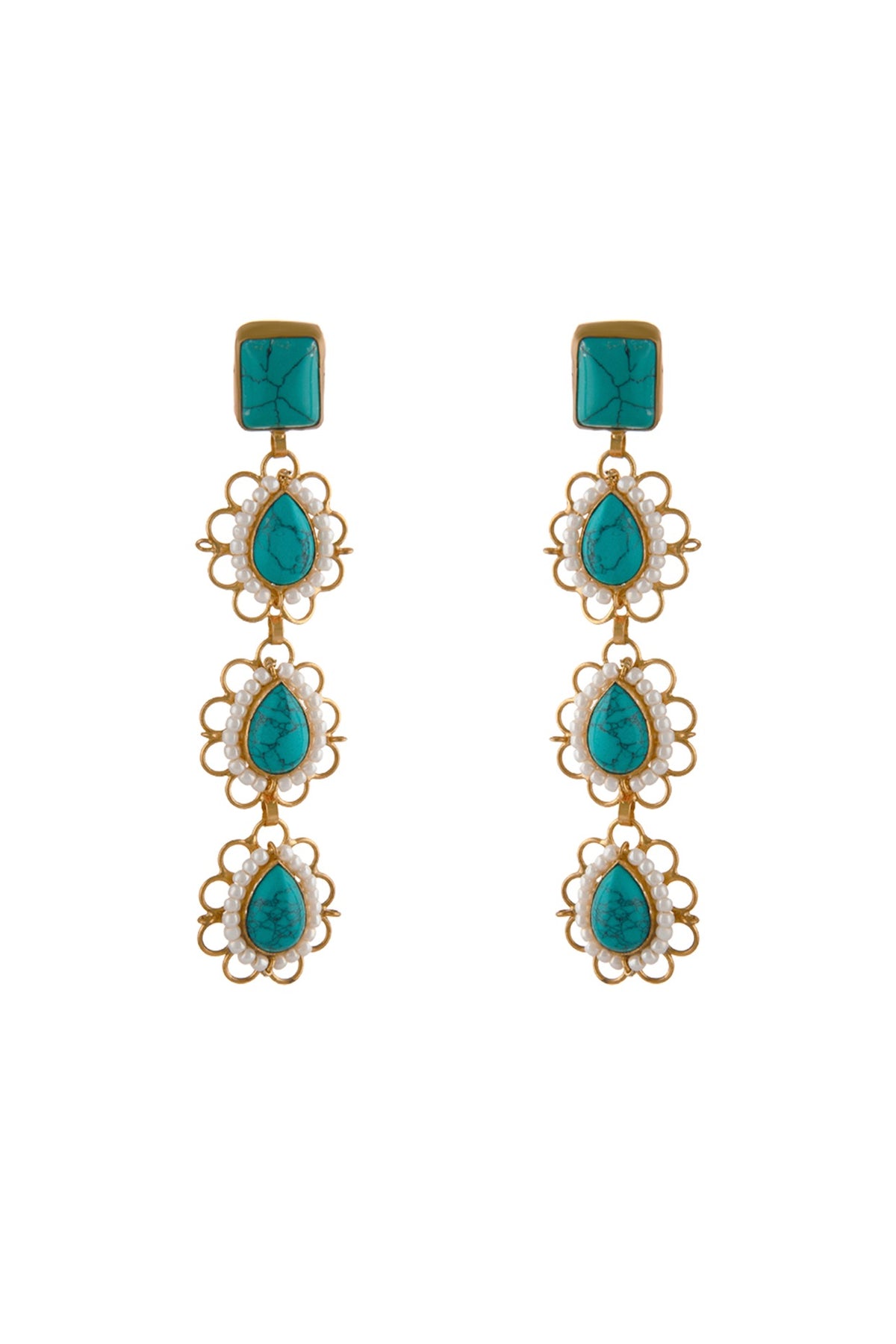 Gold Plated Turquoise & Pearl Dangler Earrings In Sterling Silver