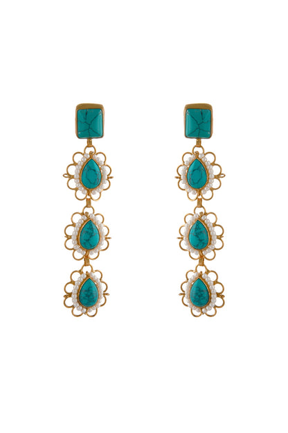 Gold Plated Turquoise & Pearl Dangler Earrings In Sterling Silver