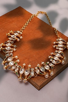 Gold Plated Kundan & Pearl Necklace In Sterling Silver