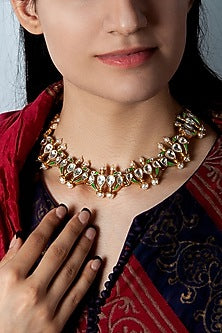 Gold Plated Kundan & Pearl Necklace In Sterling Silver