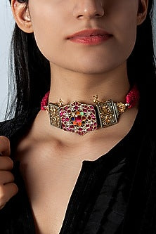Two Tone Plated Multi-Colored Kundan Choker Necklace In Sterling Silver