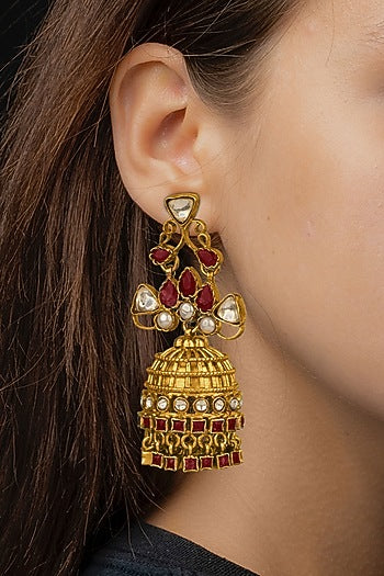 Gold Finish Kundan Polki Jhumka Earrings In 92.5 Sterling Silver