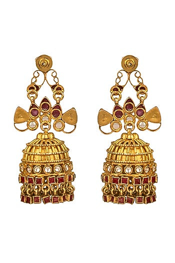 Gold Finish Kundan Polki Jhumka Earrings In 92.5 Sterling Silver
