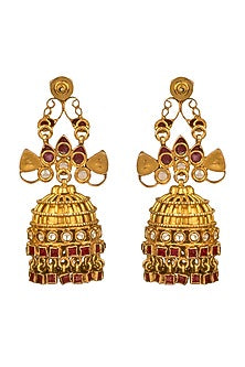 Gold Finish Kundan Polki Jhumka Earrings In 92.5 Sterling Silver