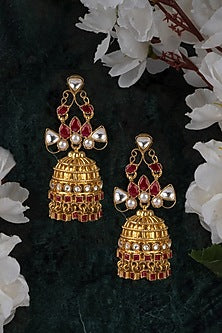 Gold Finish Kundan Polki Jhumka Earrings In 92.5 Sterling Silver