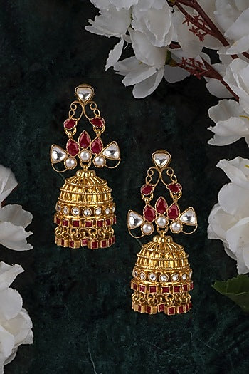 Gold Finish Kundan Polki Jhumka Earrings In 92.5 Sterling Silver