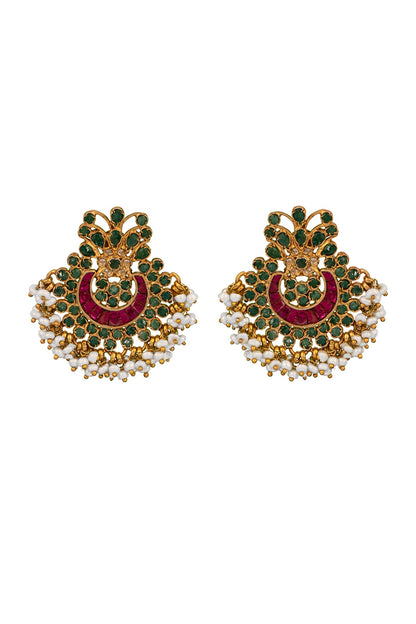 Gold Finish Green Onyx Chandbali Earrings In 92.5 Sterling Silver