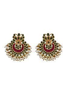 Gold Finish Green Onyx Chandbali Earrings In 92.5 Sterling Silver