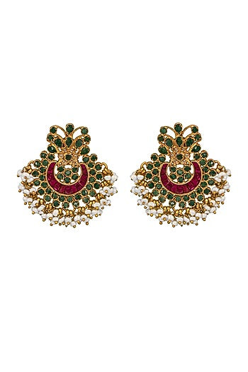 Gold Finish Green Onyx Chandbali Earrings In 92.5 Sterling Silver