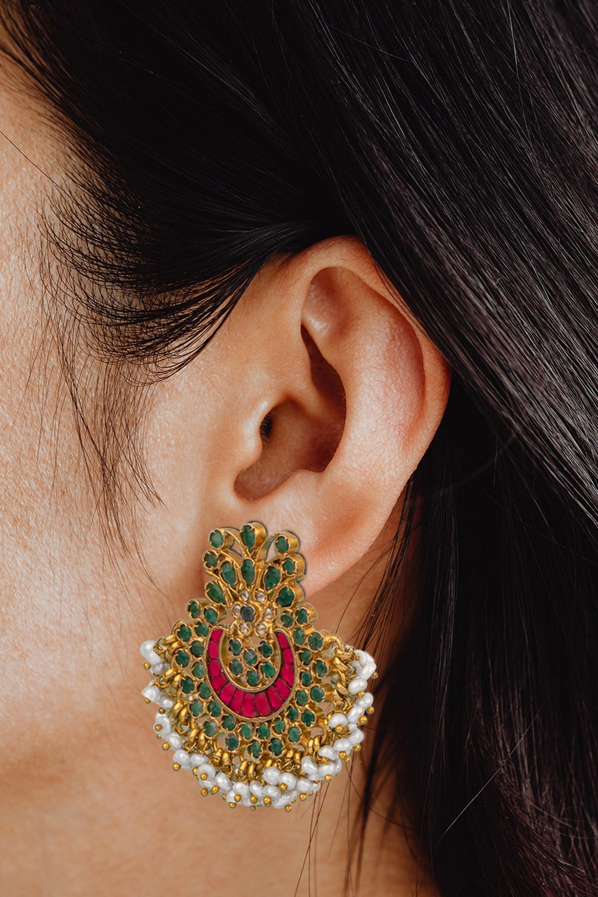 Gold Finish Green Onyx Chandbali Earrings In 92.5 Sterling Silver