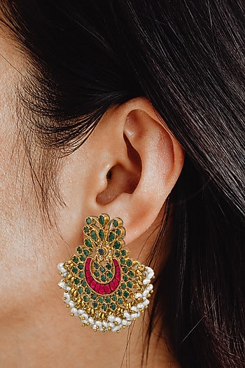 Gold Finish Green Onyx Chandbali Earrings In 92.5 Sterling Silver