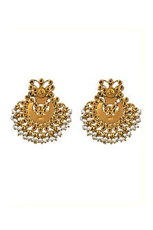 Gold Finish Green Onyx Chandbali Earrings In 92.5 Sterling Silver